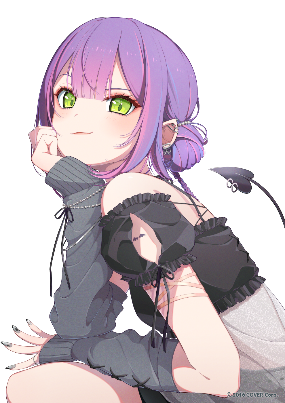 1girl, arm_tattoo, barbell_piercing, black_shirt, braid, center-flap_bangs, copyright_notice, cross-laced_clothes