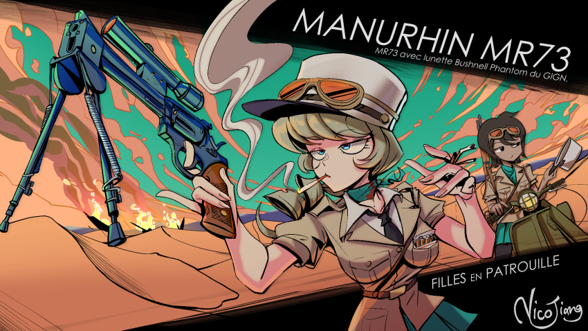 2girls, bolt_action, cigarette, desert, french_army, goggles, gun, hat, highres, josephine_leclerc, kepi, manurhin_mr73, mas-36, military, military_hat, military_uniform, multiple_girls, nico_jiang, official_art, original, police, police_uniform, policewoman, revolver, rifle, sand, scope, self-upload, sleeves_rolled_up, vespa_150_tap, we_love_cold_war, weapon, yvette_de_castelnau