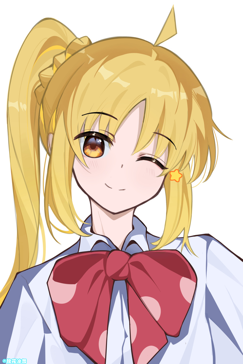 1girl, ;), absurdres, ahoge, artist_name, blonde_hair, bocchi_the_rock!, bow, bowtie, chinese_commentary, collared_shirt, commentary_request, guhuabingwu, head_tilt, high_ponytail, highres, huge_bow, ijichi_nijika, long_hair, one_eye_closed, orange_eyes, ponytail, ponytail_with_braided_base, red_bow, red_bowtie, shirt, sidelocks, smile, solo, star_(symbol), upper_body, white_background, white_shirt