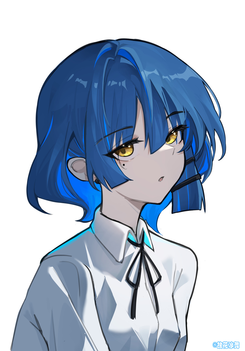 1girl, absurdres, artist_name, black_ribbon, blue_hair, bocchi_the_rock!, chinese_commentary, collared_shirt, commentary_request, earrings, eyes_visible_through_hair, guhuabingwu, hair_ornament, hair_over_eyes, hairclip, highres, jewelry, looking_at_viewer, medium_hair, mole, mole_under_eye, neck_ribbon, open_mouth, ribbon, shirt, solo, stud_earrings, upper_body, white_background, white_shirt, yamada_ryo, yellow_eyes