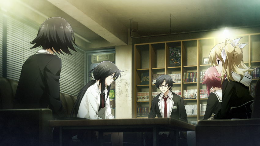 2boys, 3girls, ahoge, arimura_hinae, black_dress, black_hair, black_jacket, black_pants