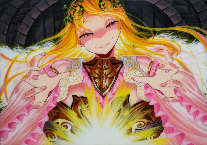 1girl, aigis_(sennen_sensou_aigis), blonde_hair, brown_eyes, glowing, grin, hands_up, indoors