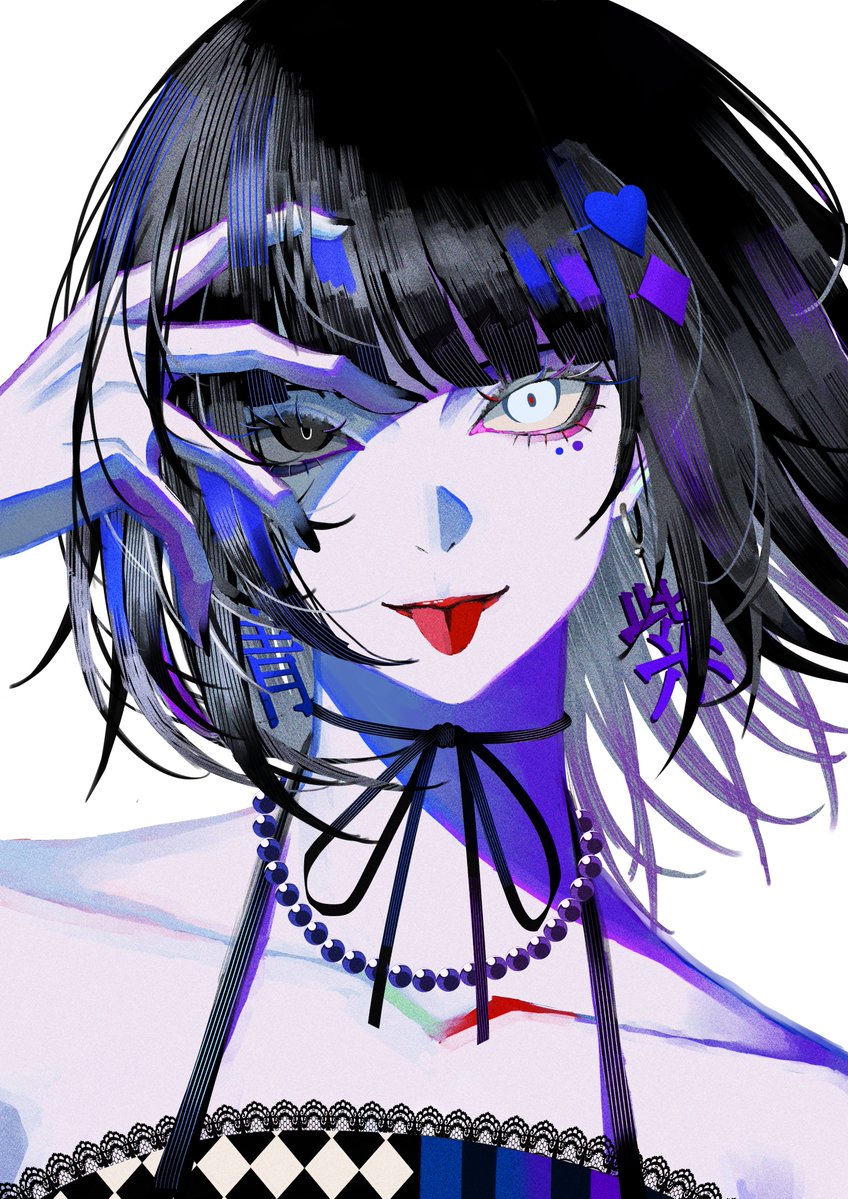 1girl, :d, :p, bare_shoulders, black_eyes, black_hair, blonde_hair, blue_hair