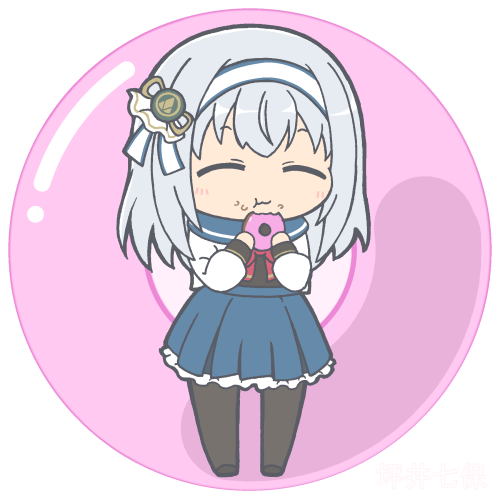1girl, :t, ^_^, assault_lily, black_pantyhose, black_shirt, black_shoes, blue_hairband, blue_ribbon, blue_sailor_collar, blue_skirt, blush, bow, bowtie, chibi, closed_eyes, closed_mouth, commentary_request, donut_background, doughnut, eating, food, food-themed_background, food_on_face, frilled_skirt, frills, full_body, grey_hair, hair_ribbon, hairband, hands_up, herensuge_girls_academy_school_uniform, high-waist_skirt, holding, holding_donut, holding_food, long_hair, long_sleeves, lowres, masaki_itsuki, miniskirt, pantyhose, pink_background, pleated_skirt, red_bow, red_bowtie, ribbon, round_image, sailor_collar, school_uniform, serafuku, shirt, shoes, skirt, solo, standing, transparent_background, tsuboi_nanaho, two-tone_hairband, two-tone_ribbon, white_hairband, white_ribbon, white_shirt
