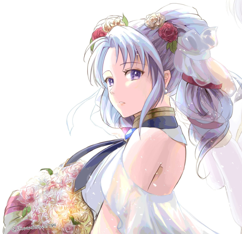 1girl, bare_shoulders, bouquet, breasts, dress, earrings, fire_emblem, fire_emblem:_genealogy_of_the_holy_war