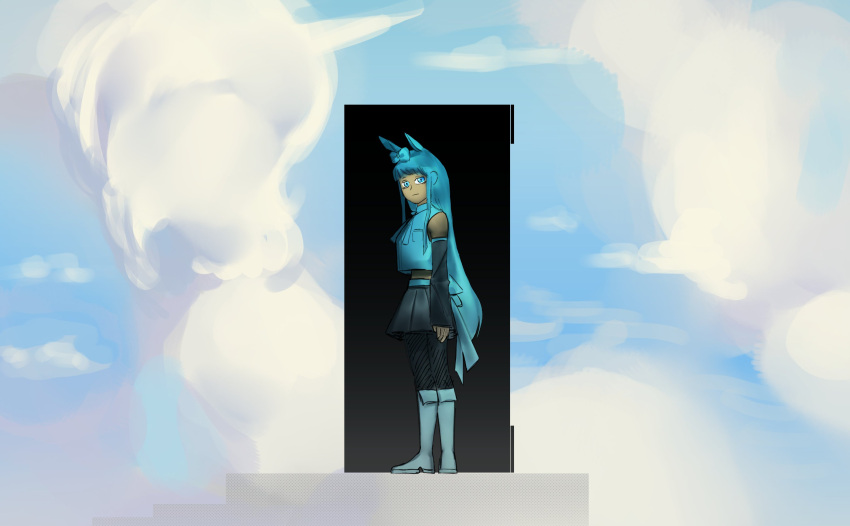 animal_ears, black_skirt, black_socks, blue_boots, blue_eyes, blue_hair, blue_sky, boots