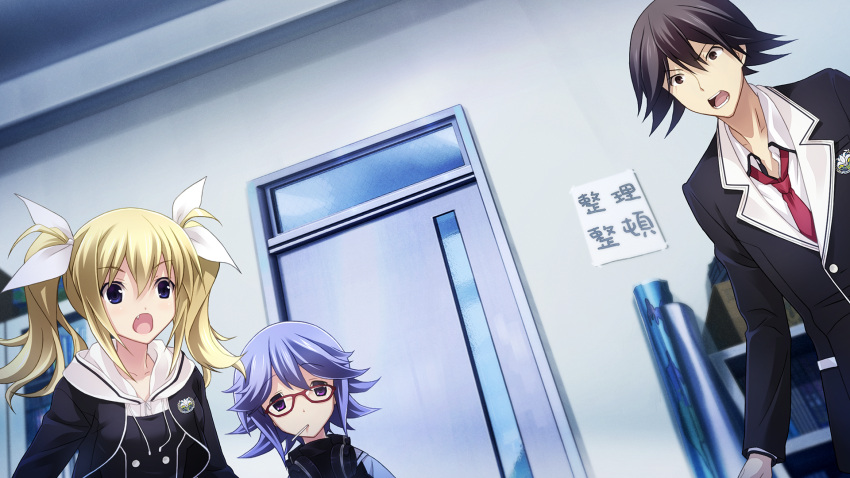 1boy, 2girls, :o, arimura_hinae, belt, belt_buckle, black_jacket, black_pants