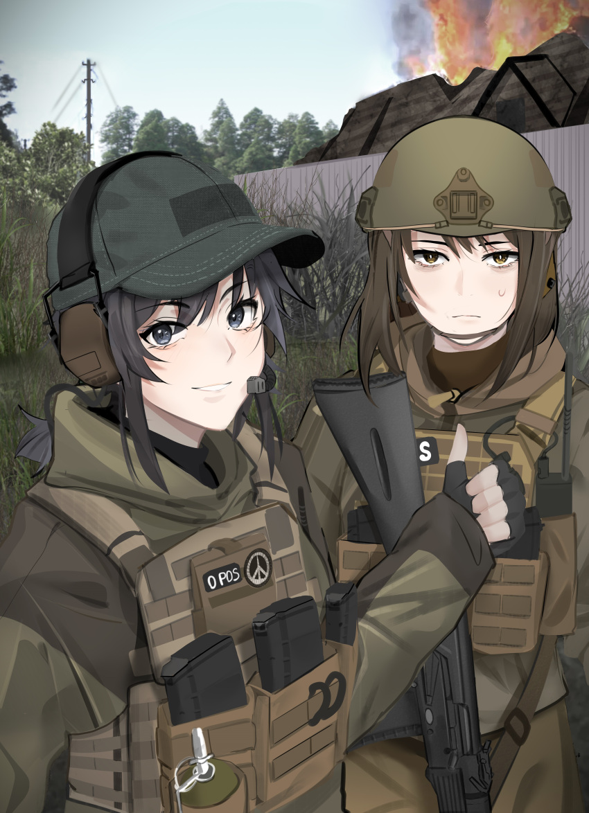 2girls, absurdres, ayou_(aukuamani), baseball_cap, black_gloves, escape_from_tarkov, fingerless_gloves, gloves