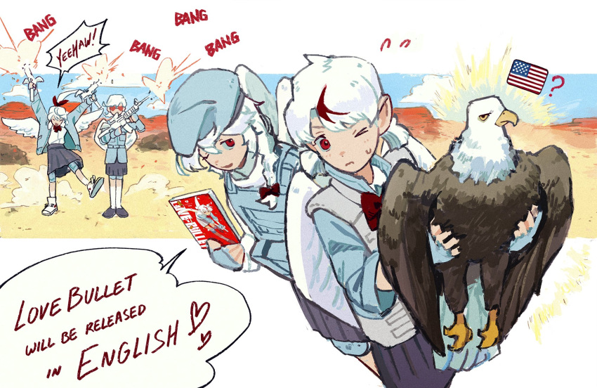 4girls, american_flag, angel_wings, animal, assault_rifle, bald_eagle, bird, book