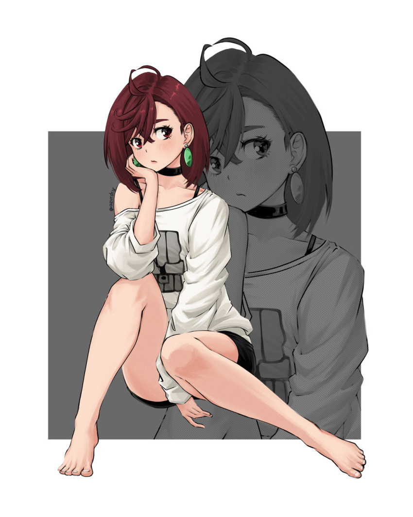 1girl, ayase_momo, azurdraws, bare_legs, barefoot, black_choker, black_shorts, choker, dandadan, earrings, feet, hair_behind_ear, highres, jewelry, legs, long_sleeves, off_shoulder, shirt, short_hair, shorts, solo, toenails, toes, white_shirt