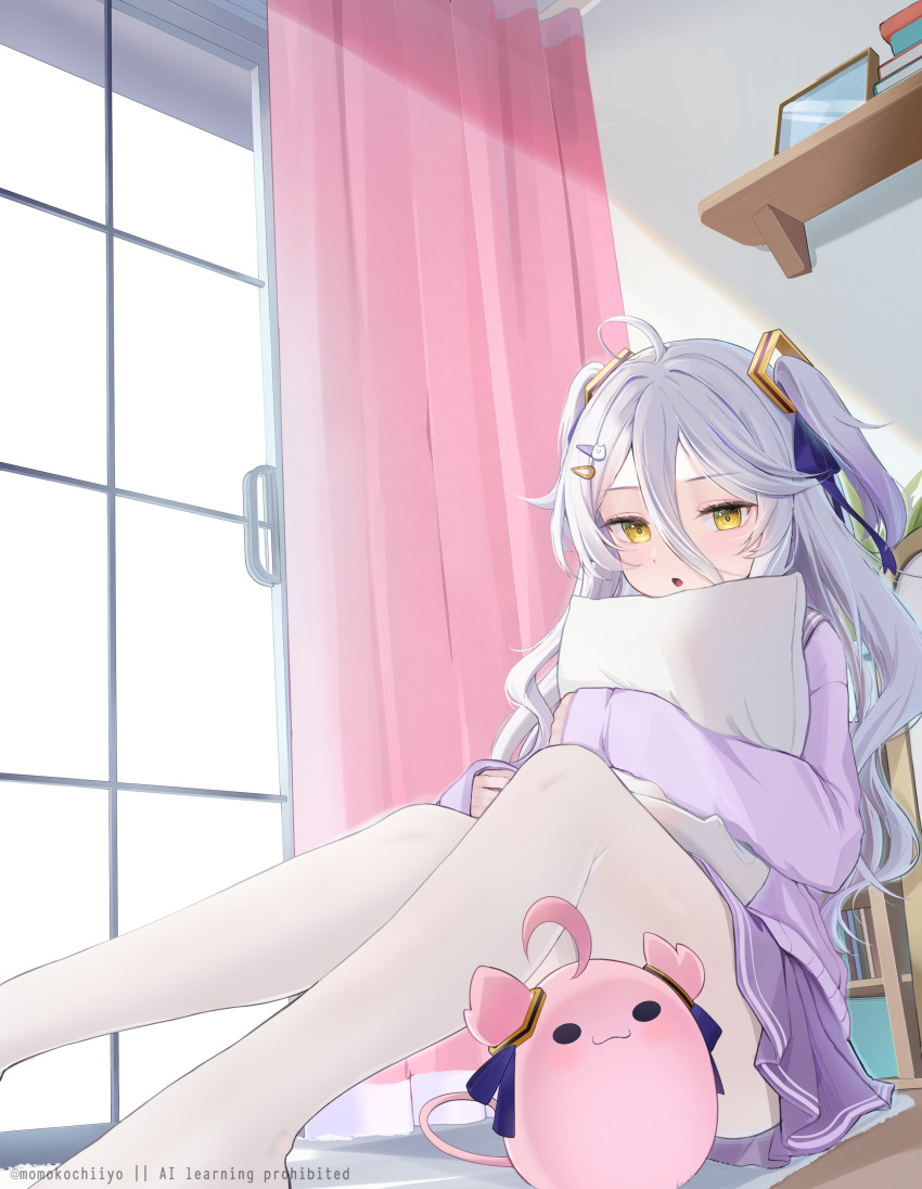1girl, absurdres, cardigan, grey_hair, hair_between_eyes, hair_ornament, hair_ribbon, hairpin