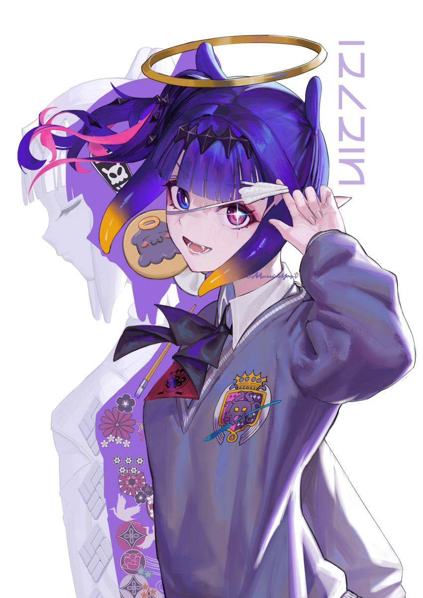 1girl, absurdres, black_hairband, black_ribbon, blue_eyes, border, center-flap_bangs, character_name