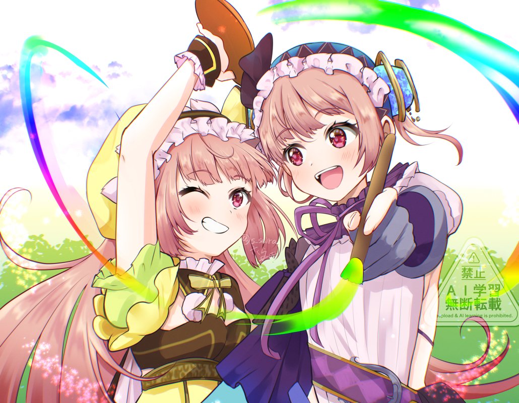 2girls, atelier_(series), atelier_lydie_&amp;_suelle, commentary_request, eyelashes, holding, holding_paintbrush, long_hair