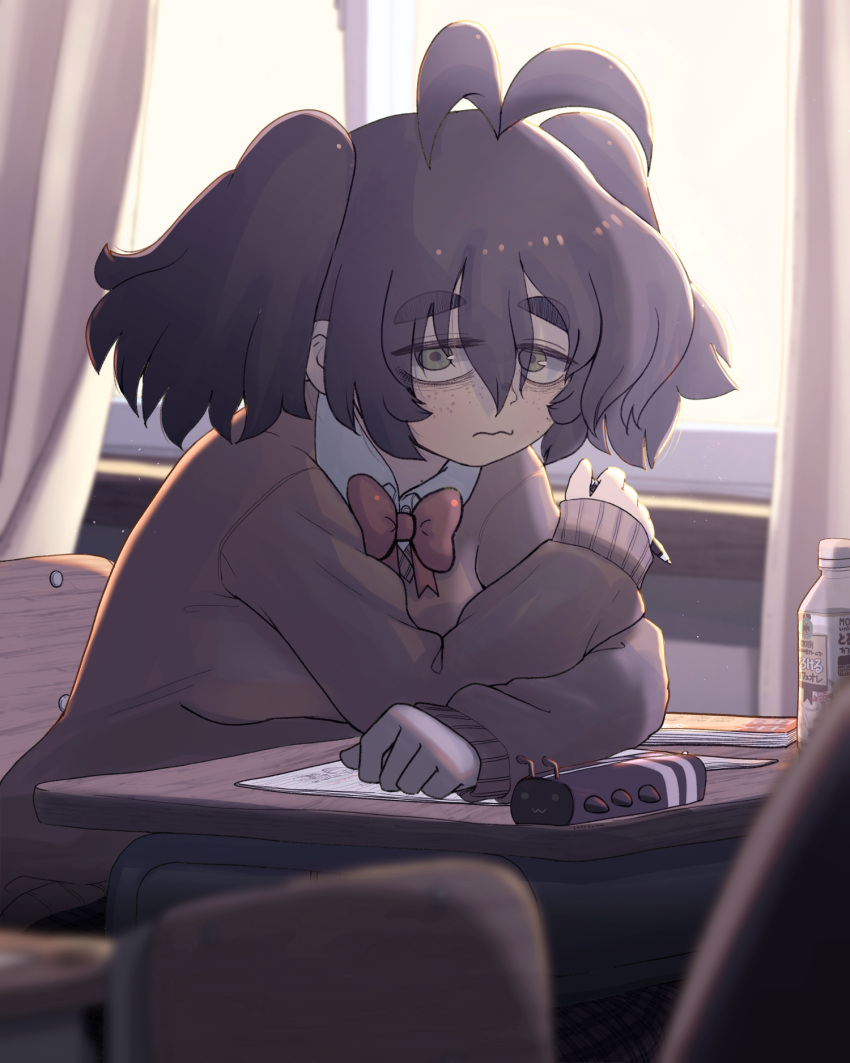 ahoge, antenna_hair, black_hair, bottle, cardigan, classroom, desk, freckles, green_eyes, hair_between_eyes, highres, iron-chan_(mushita_iron), jimiko, long_hair, looking_at_viewer, mushita_iron, original, pencil_case, sanpaku, school_uniform, thick_eyebrows, twintails, water_bottle, window