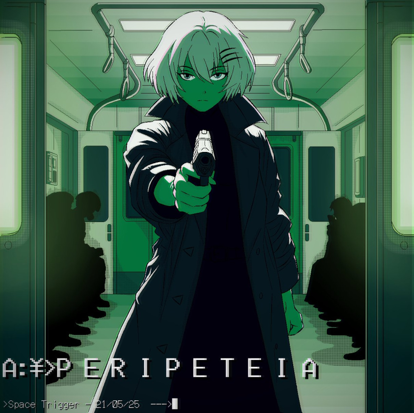 1girl, 2025, aiming, aiming_at_viewer, artist_name, backlighting, buttons, coat
