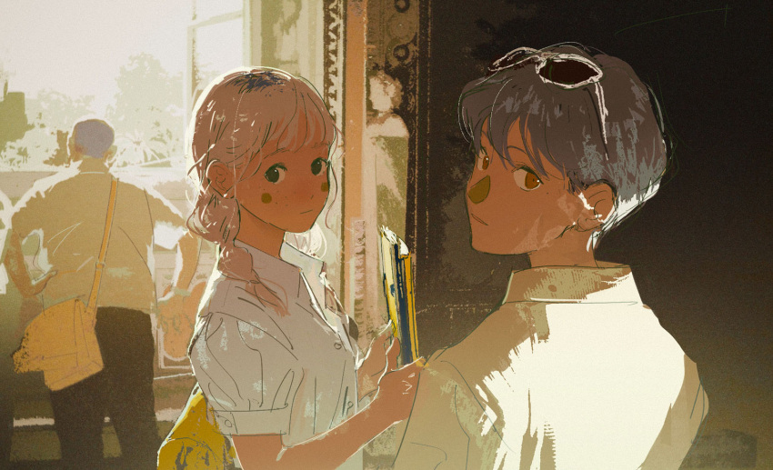 1boy, 1girl, ami_(fusheng_yi_xi), bag, blonde_hair, blue_eyes, book, braid