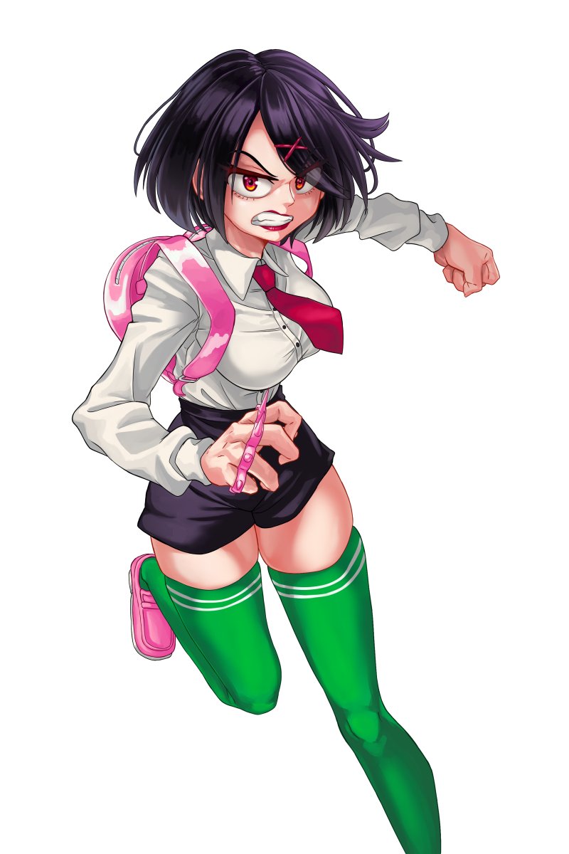 1girl, backpack, bag, black_hair, black_shorts, brass_knuckles, clenched_teeth, collared_shirt