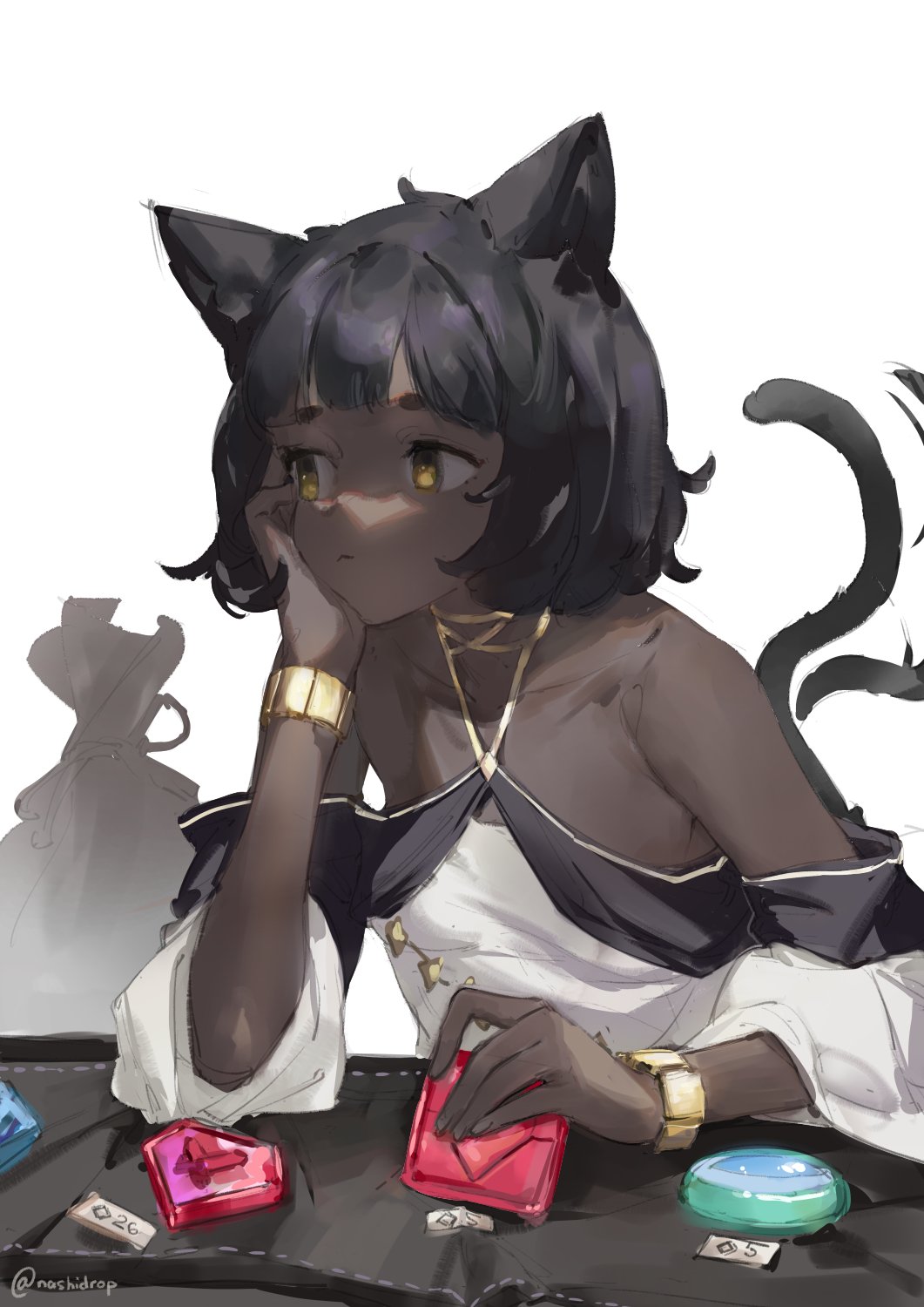 1girl, animal_ears, asha_the_shopkeeper_cat, black_hair, cat_ears, cat_girl, cat_tail, closed_mouth, commentary, dark-skinned_female, dark_skin, expressionless, gem, green_gemstone, hand_on_own_chin, highres, looking_afar, nashidrop, off-shoulder_shirt, off_shoulder, rabbit_and_steel, red_gemstone, sack, shirt, short_hair, solo, tail, tail_wagging, upper_body, very_dark_skin, white_shirt, yellow_eyes