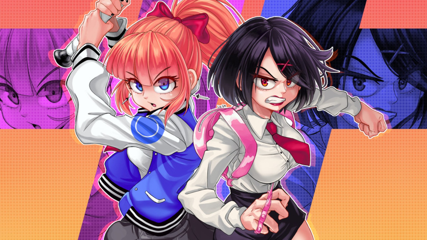 2girls, artist_name, backpack, bag, baseball_bat, black_hair, black_skirt, blue_eyes