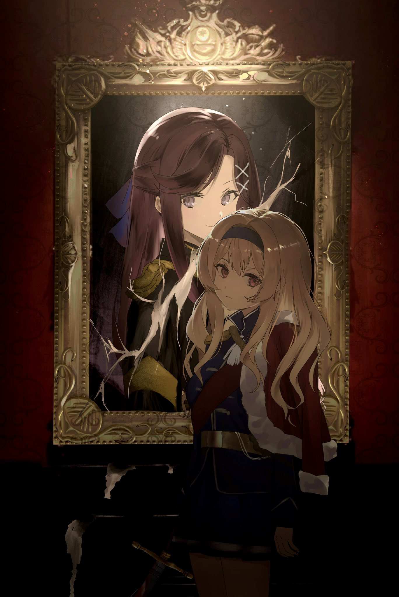 2girls, aiguillette, arm_at_side, black_hairband, black_jacket, blonde_hair, brown_hair, collared_jacket