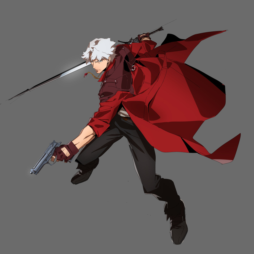 1boy, absurdres, black_pants, coat, dante_(devil_may_cry), devil_may_cry_(netflix), devil_may_cry_(series), fingerless_gloves