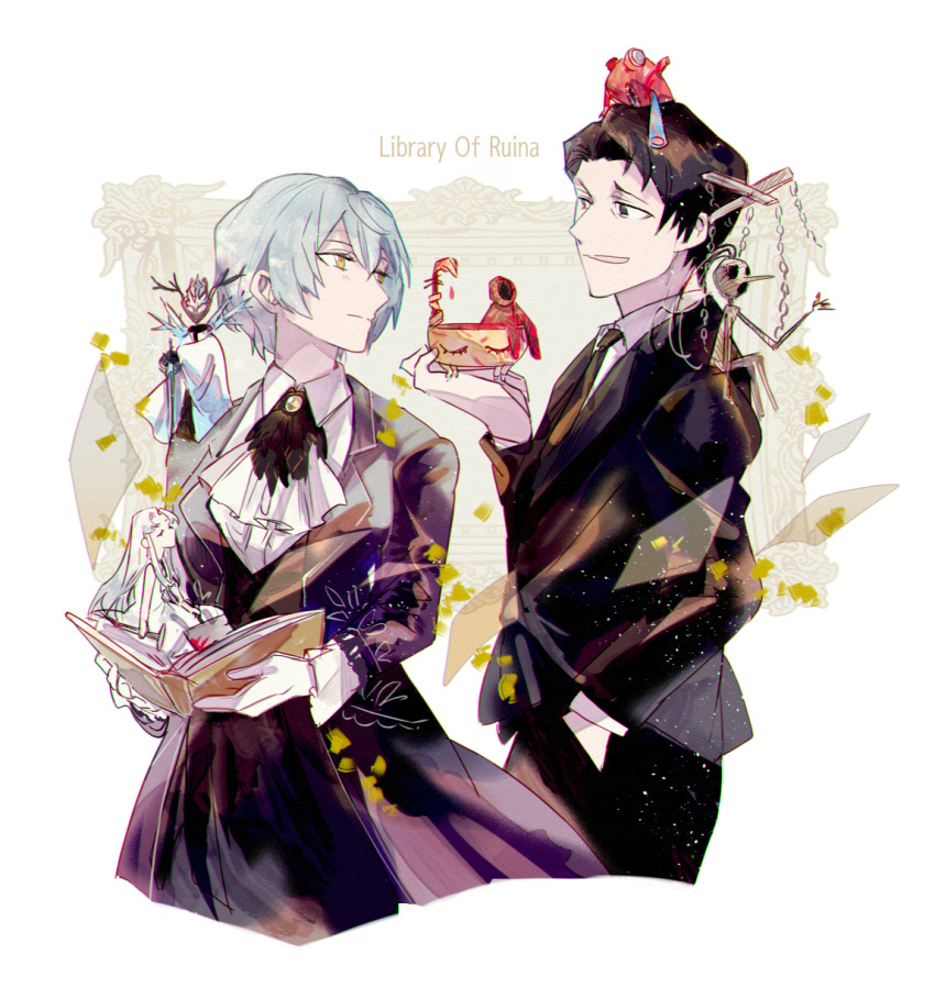 1boy, 2girls, angela_(project_moon), ascot, black_eyes, black_hair, black_jacket, black_necktie