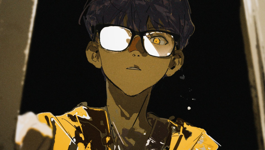 1boy, ami_(fusheng_yi_xi), fusheng_yi_xi, glasses, grey_hair, highres, looking_at_viewer, male_focus, mole, mole_under_mouth, opaque_glasses, partially_opaque_glasses, portrait, sheya_tin, solo, yellow_eyes