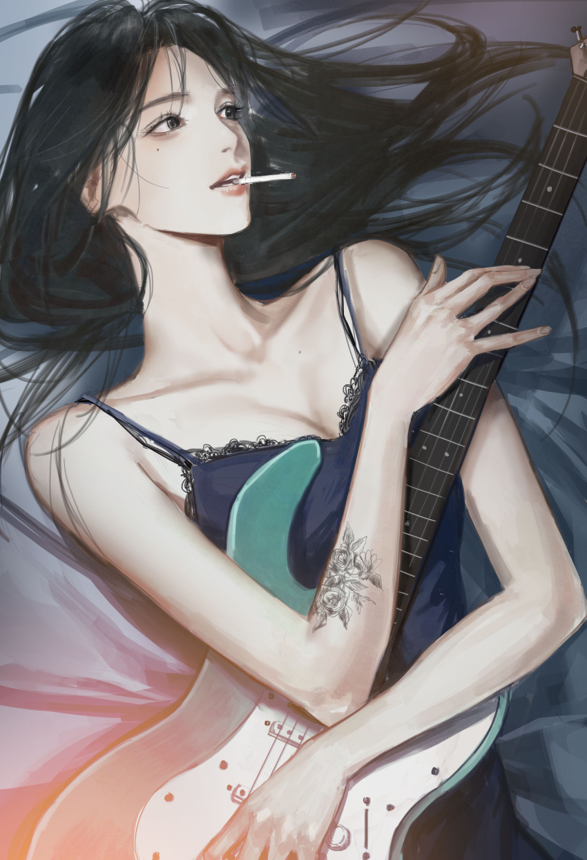 1girl, absurdres, bed, black_hair, blue_tank_top, cigarette, guitar, hana_(han_a01)