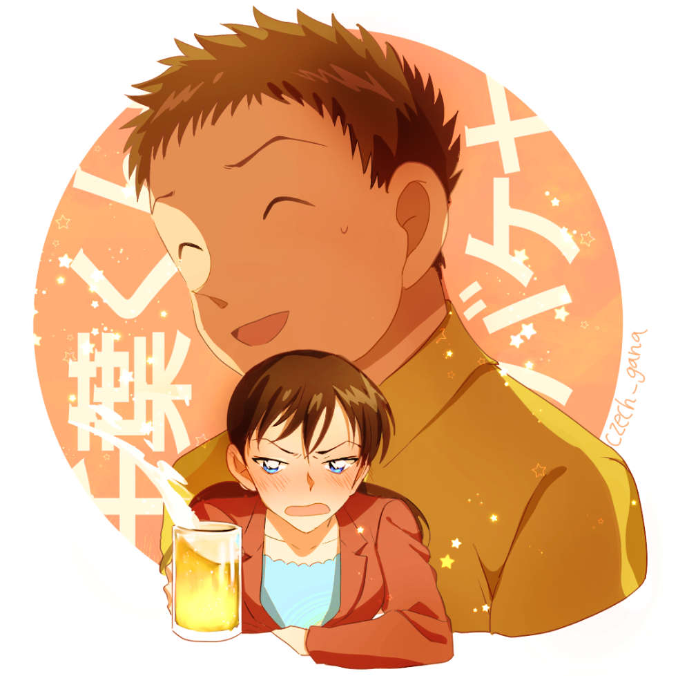1boy, 1girl, :d, ^_^, alcohol, artist_name, beer, beer_mug