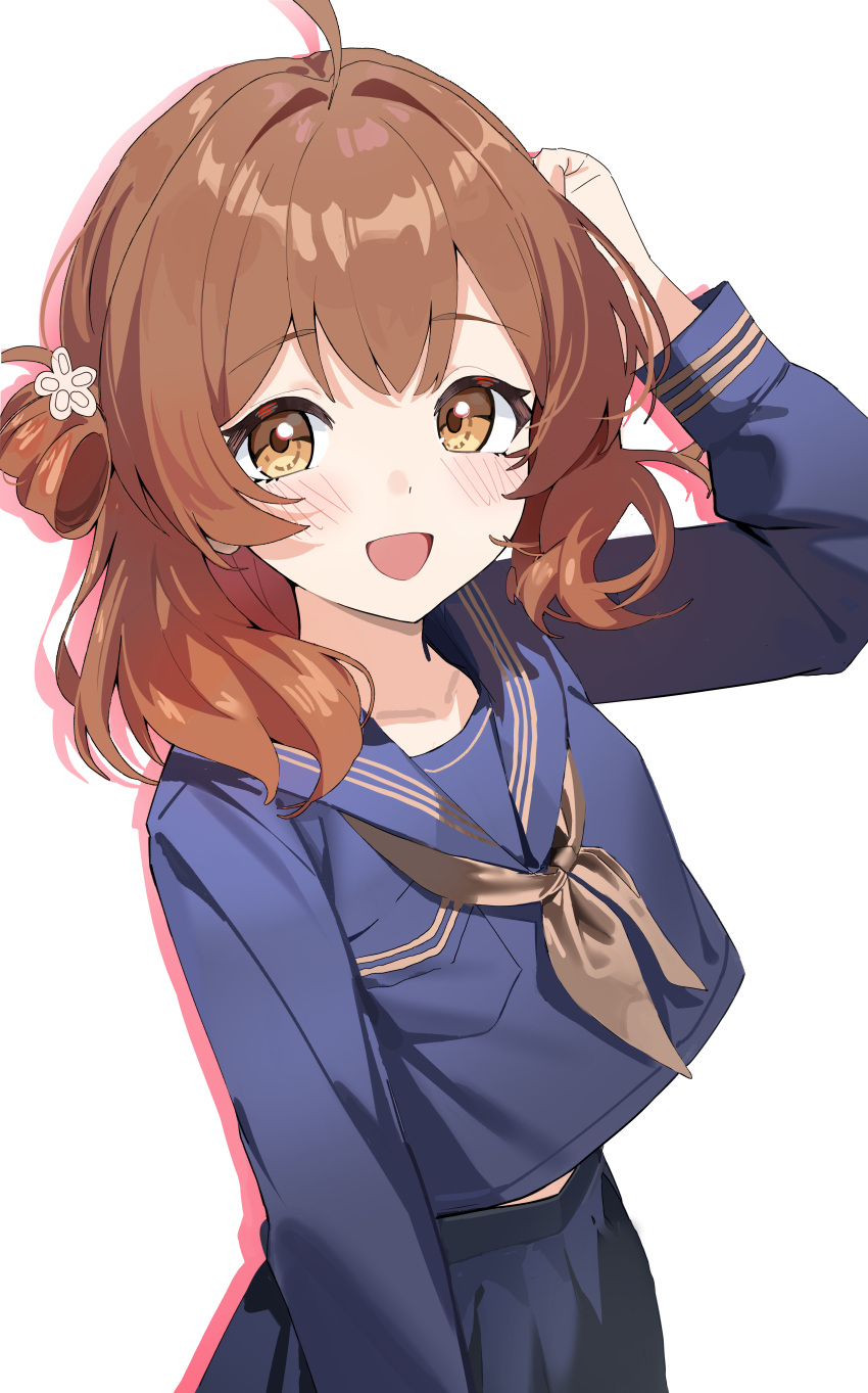 1girl, absurdres, ahoge, aweqdre, blue_serafuku, blush, brown_hair, brown_neckerchief