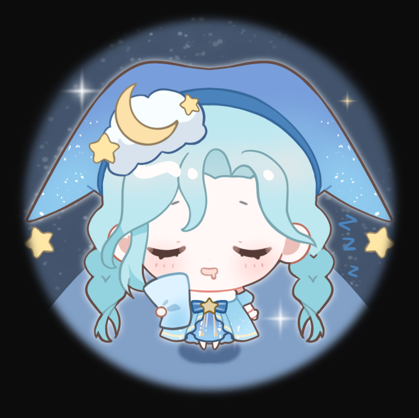 1girl, aqua_hair, baonu_de_zhanshen_caibutou, bare_shoulders, black_border, blue_bow, blue_bowtie, blue_dress