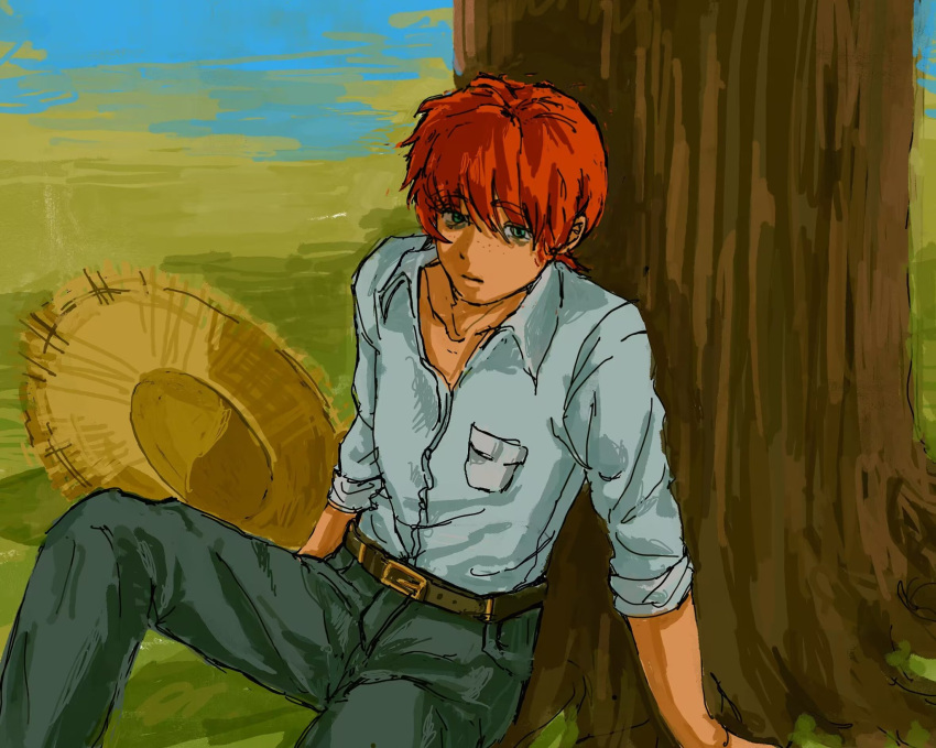 1boy, alex_(degrees_of_lewdity), alex_(male)_(degrees_of_lewdity), belt, black_pants, blue_shirt, brown_belt, collared_shirt, degrees_of_lewdity, gongertouji, grass, green_eyes, hat, highres, pants, red_hair, shirt, short_hair, sitting, solo, straw_hat, tree, unworn_hat, unworn_headwear
