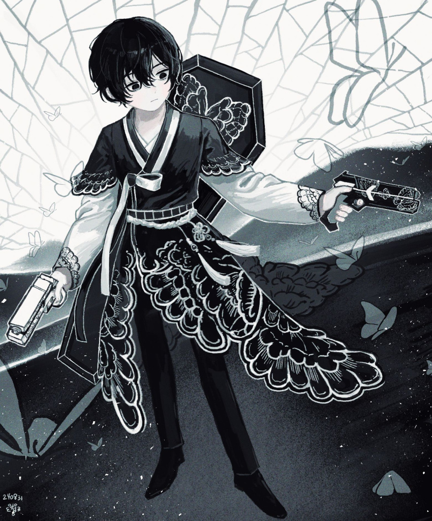 1boy, animal_print, black_butterfly, black_hair, black_pants, black_shoes, bug, butterfly