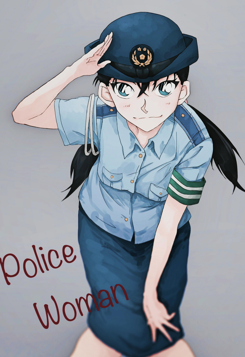 1girl, 1other, arm_up, armband, blue_eyes, blue_hat, blue_shirt, blue_skirt, closed_mouth, collared_shirt, detached_sleeves, green_armband, grey_background, hand_on_own_knee, hat, highres, hiiro_(baketanisemono), japan_national_police, leaning_forward, looking_at_viewer, medium_skirt, meitantei_conan, miike_naeko, pencil_skirt, police, police_hat, police_uniform, policewoman, salute, shirt, short_sleeves, simple_background, skirt, smile, standing