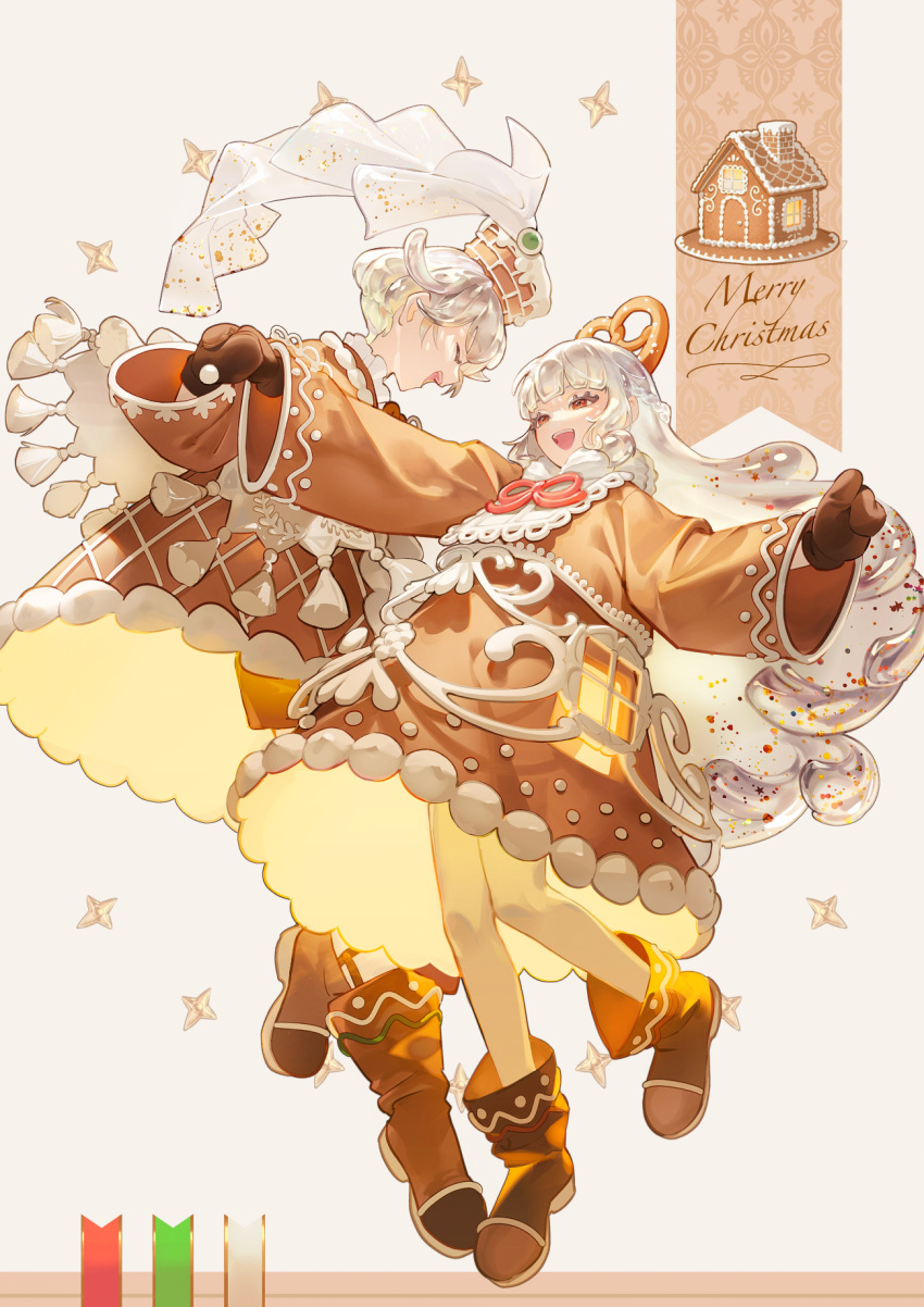 1boy, 1girl, aruk, boots, brown_eyes, christmas, commentary_request, cream