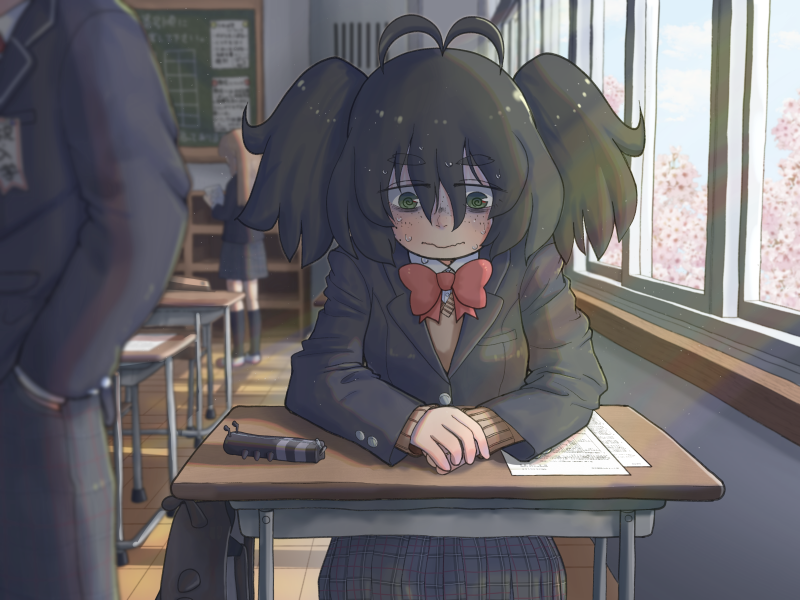 3girls, ahoge, antenna_hair, black_hair, blazer, blush, cherry_blossoms, classroom