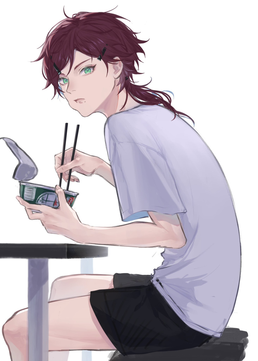 1boy, black_shorts, chewing, chopsticks, closed_mouth, eating, eyelashes, feet_out_of_frame
