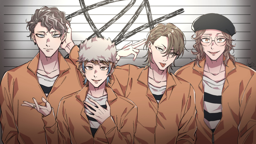 4boys, :p, adam's_apple, akune_rindo, arima_seigen, arms_at_sides, asymmetrical_bangs, bags_under_eyes