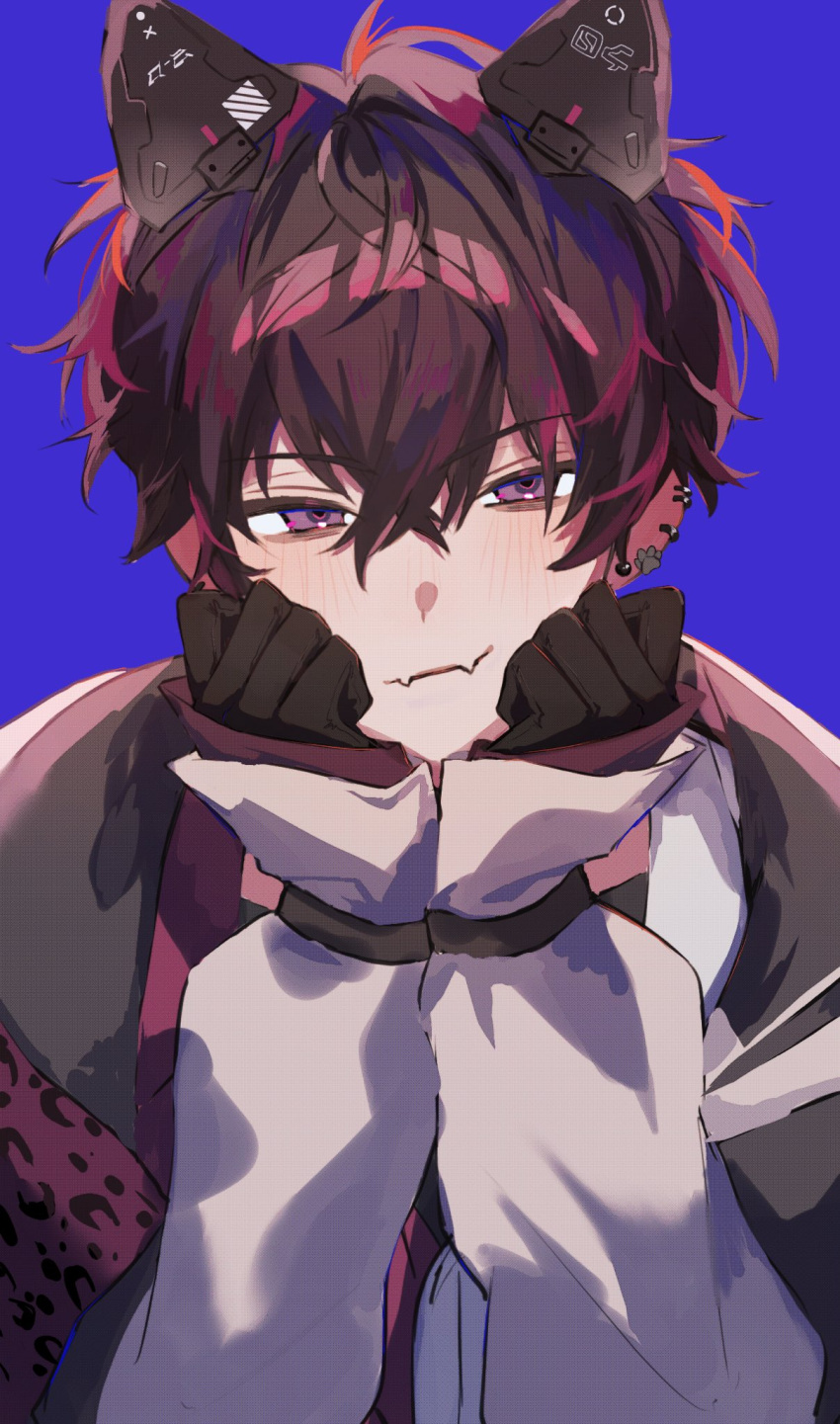 1boy, amazu_0518, animal_ears, arms_up, black_gloves, blue_background, blush, cat_ears, crossed_bangs, earrings, fake_animal_ears, fangs, gloves, hair_between_eyes, hands_on_own_face, highres, jewelry, long_sleeves, looking_at_viewer, male_focus, multiple_earrings, nijisanji, piercing, purple_hair, saiki_ittetsu, saiki_ittetsu_(1st_costume), simple_background, skin_fangs, solo, upper_body, violet_eyes, virtual_youtuber