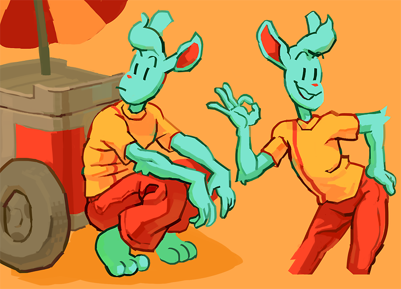 1boy, 2015, 2d, animal_ears, anthro, barefoot, blue_fur, digital_media, furry, furry_male, hand_on_own_hip, ice_cream_cart, male, male_focus, male_only, multiple_views, nice_cream_guy, ok_sign, orange_background, pants, rabbit, rabbit_boy, rabbit_ears, raymodule, red_pants, shirt, simple_background, squatting, undertale, utdr_(toby_fox), yellow_shirt