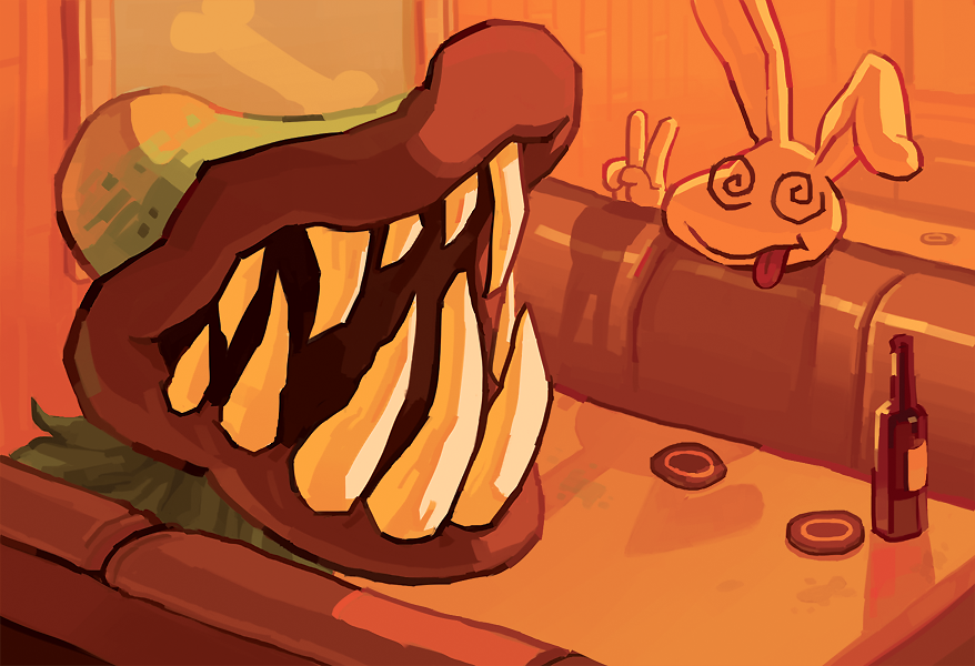 1girl, 1other, 2015, 2d, anthro, big_mouth_(undertale), bottle, creature