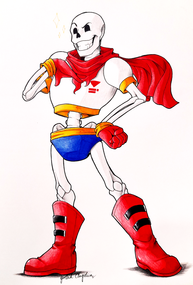 1boy, 2021, 2d, armor, artist_name, blue_shorts, boots, cape, clenched_hand, colored_pencil_(medium), commentary, english_commentary, full_body, gloves, gothikangelica, hand_on_own_chest, hand_on_own_hip, humanoid, male, male_focus, male_only, marker_(medium), monster, monster_boy, papyrus_(undertale), red_boots, red_cape, red_gloves, shorts, simple_background, skeleton, solo, sparkle, standing, teeth, traditional_media, undead, undertale, utdr_(toby_fox), white_armor, white_background
