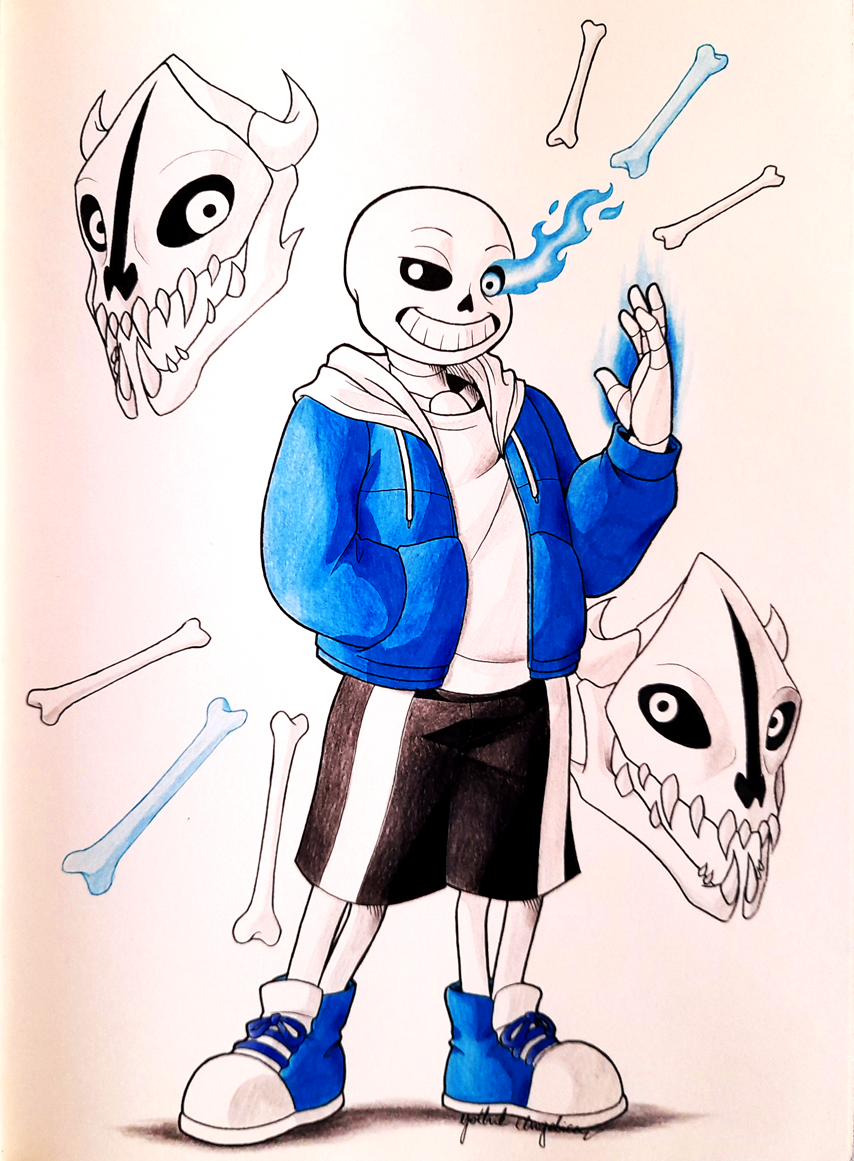 1boy, 2021, 2d, artist_name, black_shorts, blue_jacket, blue_shoes, bone, colored_pencil_(medium), commentary, drawstring, english_commentary, flaming_eye, flaming_hand, full_body, gasterblaster, glowing, glowing_eye, gothikangelica, hand_in_pocket, hood, hood_down, hooded_jacket, humanoid, jacket, male, male_focus, male_only, marker_(medium), monster, monster_boy, open_clothes, open_jacket, sans_(undertale), shirt, shorts, simple_background, skeleton, skull, sneakers, solo, standing, striped_shorts, teeth, traditional_media, undead, undertale, utdr_(toby_fox), white_background, white_shirt, white_stripes