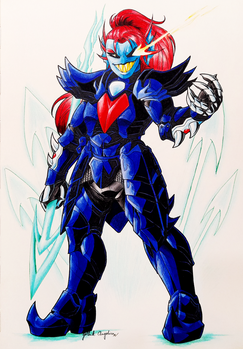 1girl, 2021, 2d, alternate_form, anthro, armor, artist_name, black_eyepatch, black_sclera, blue_armor, blue_skin, breastplate, colored_pencil_(medium), colored_sclera, commentary, ear_fins, english_commentary, eyepatch, female, female_only, fins, fish, fish_girl, full_body, gauntlets, genocide_route_(undertale), gothikangelica, head_fins, high_ponytail, holding, holding_polearm, holding_spear, holding_weapon, long_hair, marker_(medium), monster, monster_girl, polearm, ponytail, red_hair, sharp_teeth, simple_background, slit_pupils, solo, spear, standing, traditional_media, undertale, undyne, undyne_the_undying, utdr_(toby_fox), weapon, white_background, white_pupils, yellow_sclera, yellow_teeth