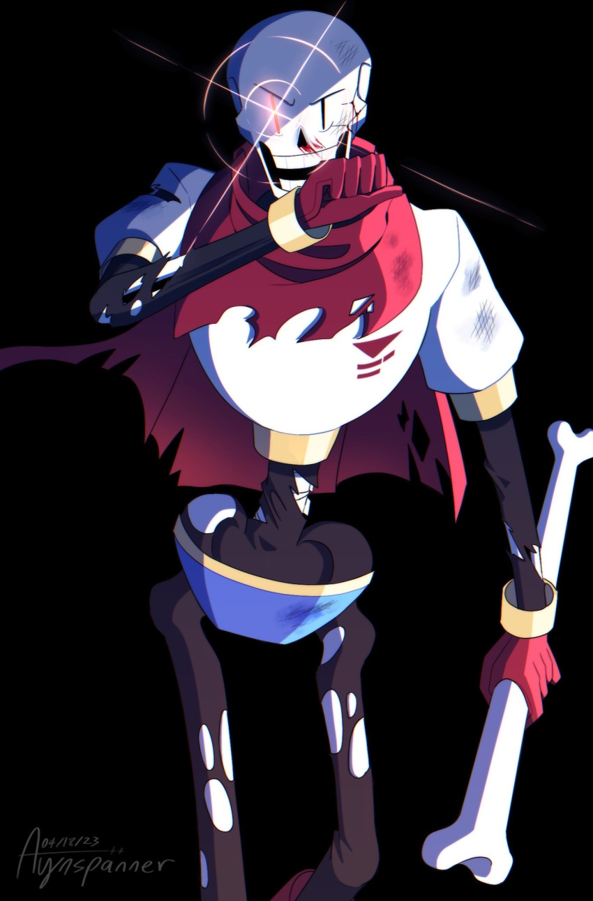 1boy, 2023, 2d, armor, artist_name, ayinspanner, black_background, blood, blood_on_nose, blue_shorts, bone, cape, chromatic_aberration, clenched_hand, cowboy_shot, dated, digital_media, gloves, glowing, glowing_eye, hand_over_own_mouth, highres, holding, holding_bone, humanoid, male, male_focus, male_only, monster, monster_boy, papyrus_(undertale), procreate_(medium), red_cape, red_gloves, shorts, signature, simple_background, skeleton, solo, teeth, torn_cape, torn_clothes, undead, undertale, white_armor, |_|