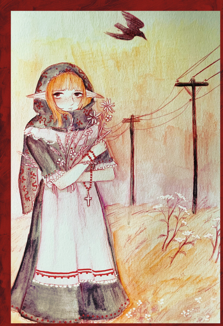 absurdres, apron, bird, blunt_bangs, blunt_ends, border, borrowed_character, colored_lineart, crimescenepartz, cross, dress, elf, feet_out_of_frame, floral_print_headwear, flower, flower_request, freckles, frilled_apron, frilled_dress, frilled_sleeves, frills, grey_dress, grey_headscarf, headscarf, highres, holding, holding_flower, holding_wheat, long_dress, looking_at_viewer, netochka, nose, orange_hair, original, painting_(medium), plant_request, pointy_ears, red_border, rosary, sad, standing, traditional_media, utility_pole, wheat_field, white_apron, wind