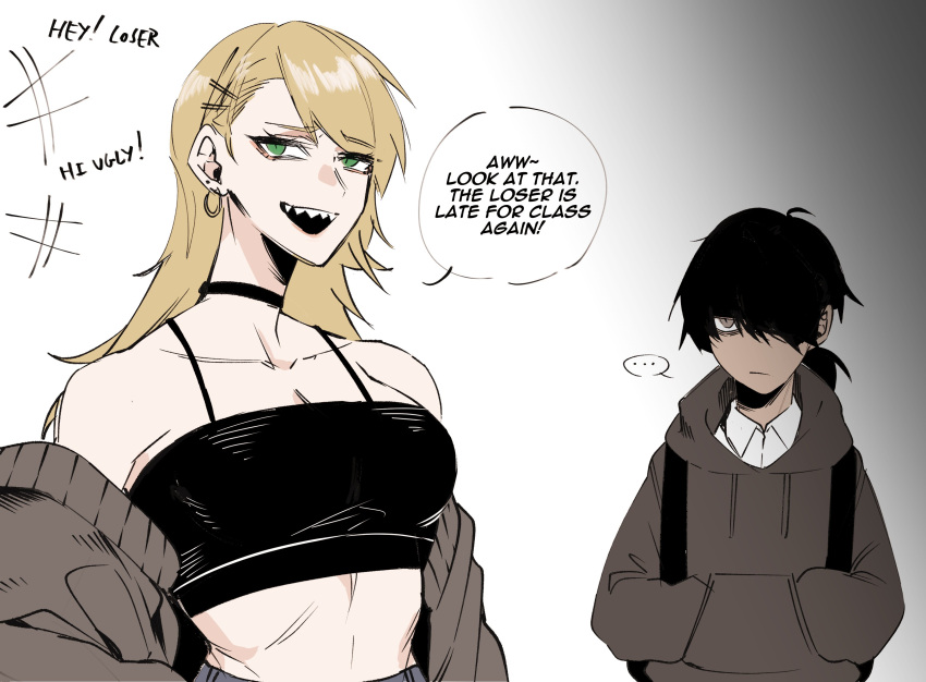 2girls, absurdres, black_hair, blonde_hair, brown_eyes, choker, earrings, english_text