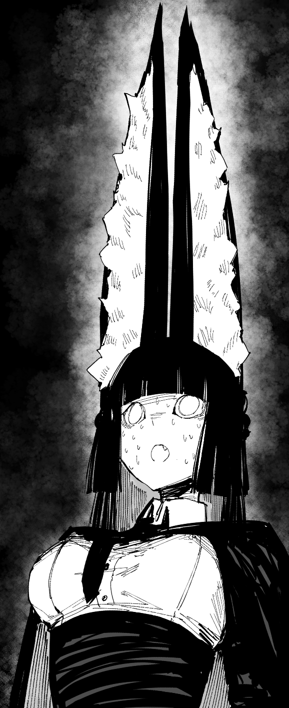 10_4_(10f0ur), 1girl, animal_ears, black_background, breasts, collared_shirt, fang, highres, hoshimi_miyabi, long-eared_miyabi_(meme), medium_breasts, meme, monochrome, necktie, open_mouth, shirt, shirt_tucked_in, solo, sweat, upper_body, very_long_ears, white_shirt, zenless_zone_zero