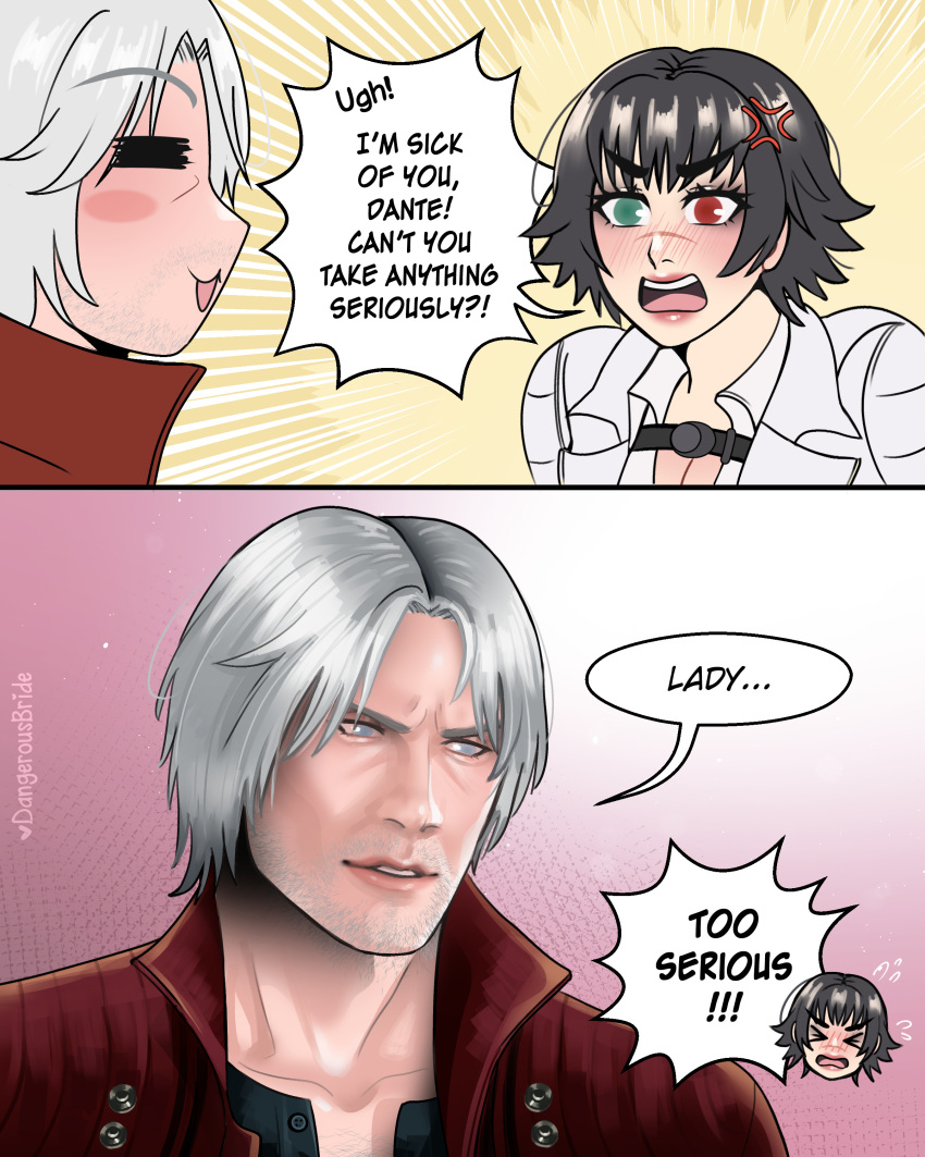 1boy, 1girl, absurdres, anger_vein, artist_name, black_hair, can't_you_take_anything_seriously?_(meme), coat