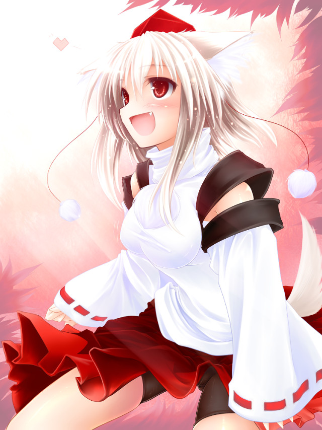 animal_ears, bike_shorts, detached_sleeves, fang, gizensha, hat, inubashiri_momiji, open_mouth